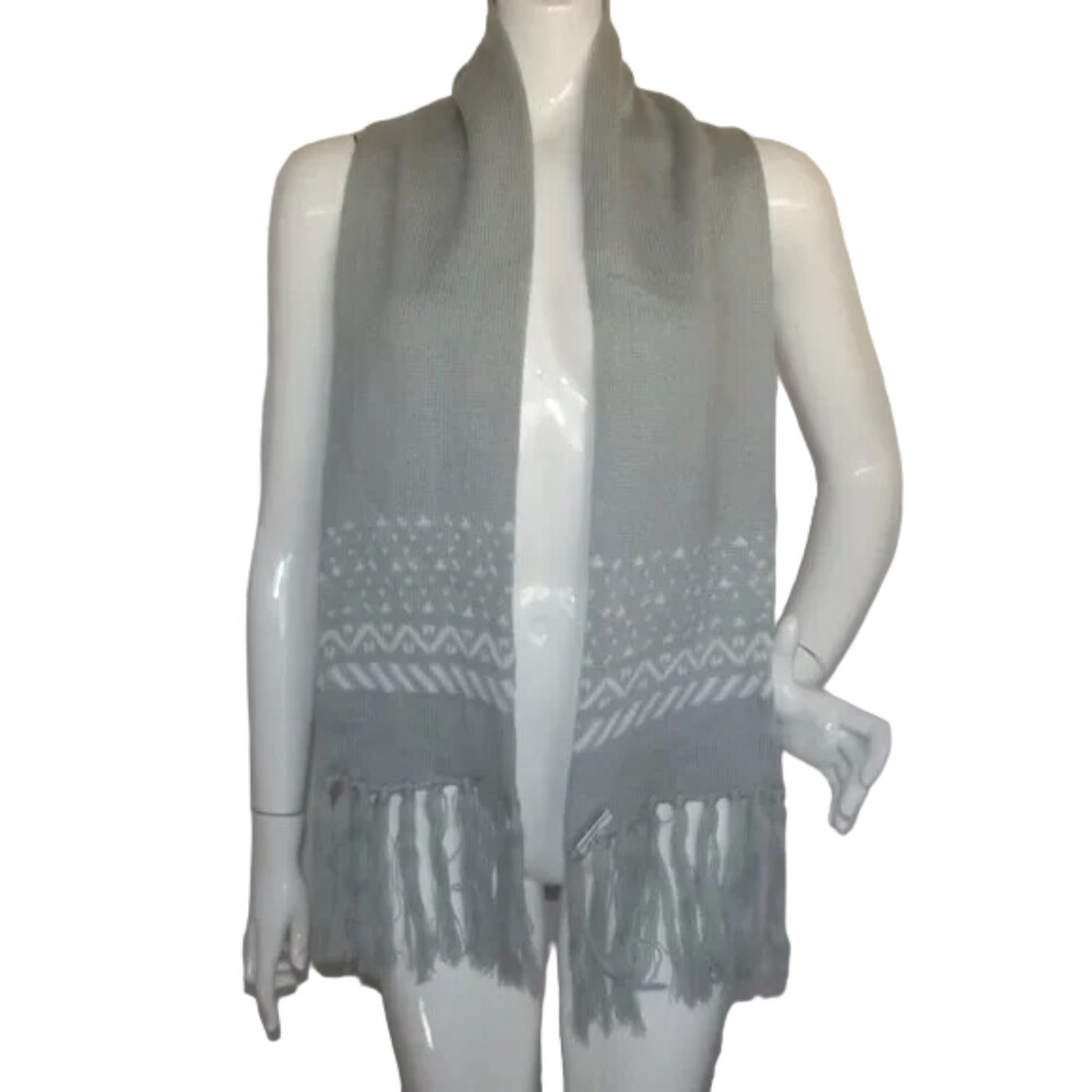 Knit Scarf, 7 x 55.5, Grey, White Pattern, Fringe ends, Acrylic, Mid weight